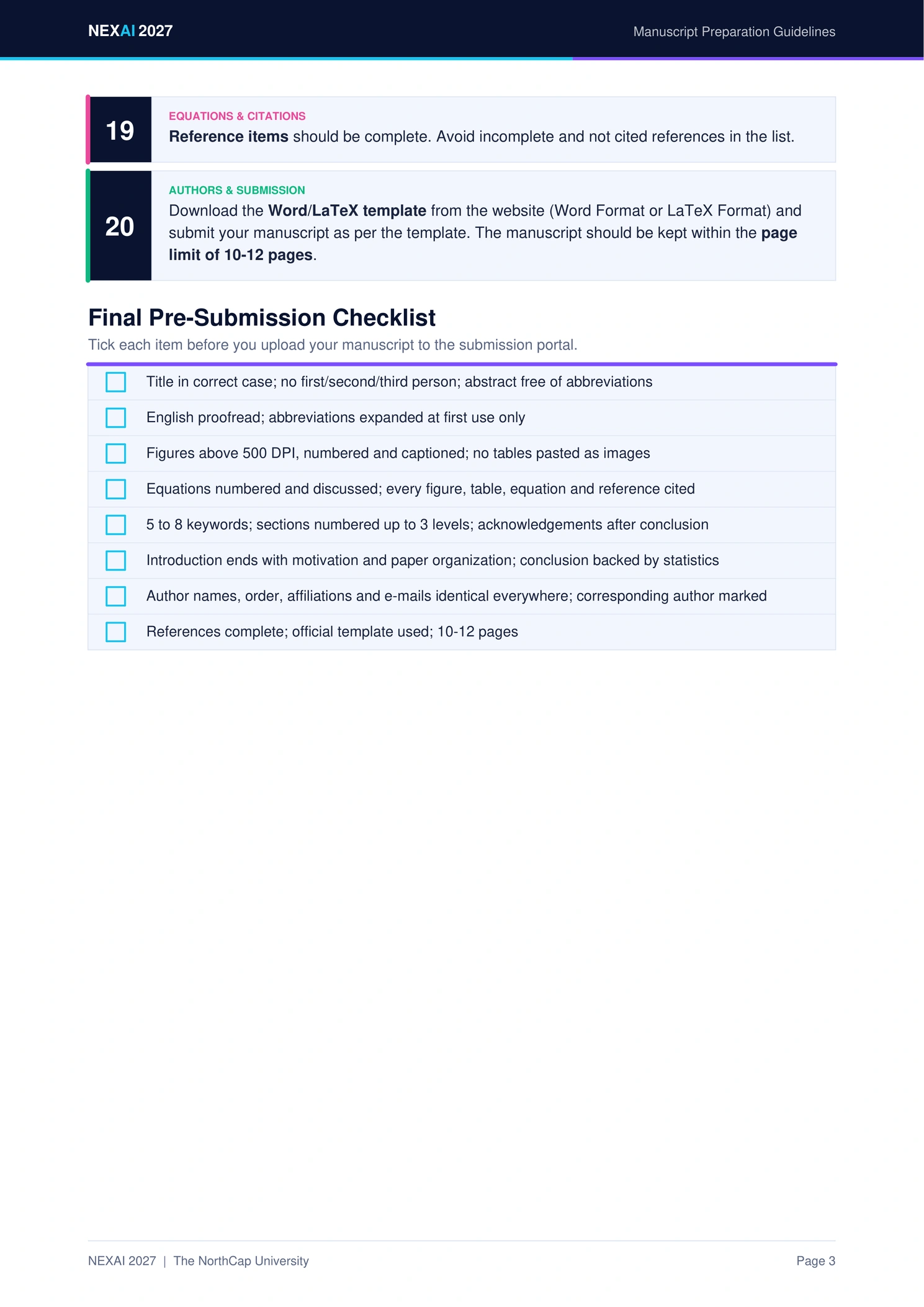 NEXAI 2027 Manuscript Preparation Guidelines - Page 3: References, Springer LNNS Checklist & Submission